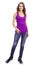 Full body of young beautiful brunette woman in casual smart lilac clothing, isolated