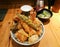 Full bowl of Japanese crispy mixed tempura on rice set