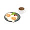 Full breakfast top view of the plate set with eggs, cherry tomato and greens and cup of coffe isolated realistic vector illustr