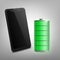 Full charged battery and phone screen, realistic vector illustration isolated.