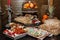 Full christmas table with wafer rolls, gingerbread cookies and f