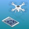 Full control of drone. Drone being flown in an urban area. Drone aerial photography concept. Drone isometric. Drone EPS