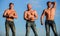 Full of energy. Inspiring better health. three muscular men sky. athletic bodybuilders. sport concept. Sexy men with