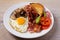 Full English or Irish breakfast: sausages, bacon, egg, mushrooms, tomatoes and toasts.