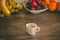 Full espresso cup on top of a wooden table