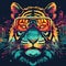 Full Face Shot of Retrowave Tiger Wearing Yellow Glasses in a Comic Style Illustration,