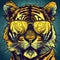 Full Face Shot of Retrowave Tiger Wearing Yellow Glasses in a Comic Style Illustration,