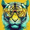 Full Face Shot of Retrowave Tiger Wearing Yellow Glasses in a Comic Style Illustration,