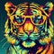 Full Face Shot of Retrowave Tiger Wearing Yellow Glasses in a Comic Style Illustration,