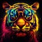 Full Face Shot of Retrowave Tiger Wearing Yellow Glasses in a Comic Style Illustration,