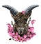 Full face symmetrical goat head with large horns decorated with flowers Antigonon leptopus