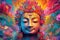 Full-faced and detailed Buddha\\\'s head on a colorful background.