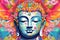 Full-faced and detailed Buddha\\\'s head on a colorful background