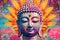 Full-faced and detailed Buddha\\\'s head on a colorful background