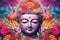 Full-faced and detailed Buddha\\\'s head on a colorful background