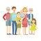Full Family With Parents, Grandparents And Two Kids, Illustration From Happy Loving Families Series