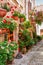 Full of flower porch in small town in Italy