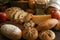 Full frame assorted European breads in rustic style