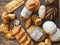 Full frame assorted European breads in rustic style