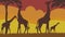 Full frame silhouette family of giraffes in the grassland.