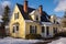 full frontal view of a colonial house with two chimneys