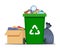 Full garbage bin, black plastic trash bag, paper box with trash. Overflowing recycling container with trash. Green recycle can.