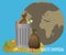 Full garbage bin and polluted planet vector illustration. Pile of different waste in trash can