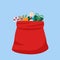 Full gift open santa claus red bag. Cartoon illustration