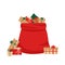 Full gift open santa claus red bag. Cartoon illustration