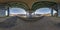 Full  hdri 360 panorama under steel frame construction of huge car bridge across river in seamless spherical equirectangular