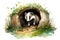 Full height cute happy european badger near hole in watercolour, created with Generative AI technology