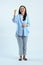 full leght shoot of happy asian Indonesian woman wearing casual attire on isolated background