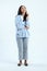 full leght shoot of happy asian Indonesian woman wearing casual attire on isolated background