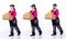 Full length 40s 50s Asian Senior Woman delivery package company, walking forward left right
