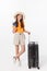 Full length of attractive young female in traveller casual with the travel bag,  on white background