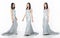 Full length body of Asian beautiful woman wear blue gray evening sequin gown, Young female stand express feeling happy