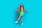 Full length body photo of carefree positive girl brunette hair boogie woogie atmosphere summer vibe isolated on cyan