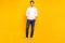 Full length body size photo brunet guy in casual outfit smiling confident isolated vibrant yellow color background