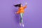 Full length body size photo of jumping ballerina smiling taking selfie on smartphone isolated on bright violet color