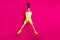 Full length body size photo of jumping sportswoman laughing wearing sportswear ponytail isolated on bright pink color