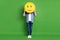 Full length body size photo of man keeping smile icon hiding face isolated bright green color background