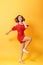 Full length body size photo of pretty charming gorgeous lovely sweet dancing isolated vivid background