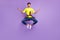 Full length body size photo of young hipster jumping up doing yoga asana calm peaceful isolated on pastel purple color