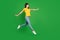Full length body size side profile photo dreamy girl brunette hair jumping up running isolated vivid green color