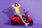 Full length body size side profile photo of female student with brunette bob hair driving red motorbike smiling keeping