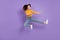 Full length body size side profile photo jumping girl practising martial arts isolated pastel purple color background