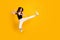 Full length body size side profile photo of woman jumping beating punching leg like karate fighter  vibrant