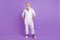 Full length body size view of attractive bearded funny man wearing pajama copy space isolated over violet purple color