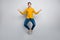 Full length body size view of attractive dreamy focused calm man jumping meditating isolated over grey color background