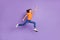 Full length body size view of attractive successful cheerful boy jumping striving isolated over violet purple color